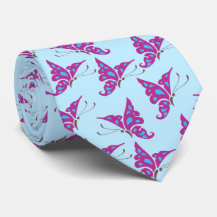 Purple Butterflies on Light Blue, Butterfly Print Neck Tie