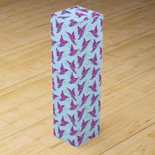 Purple Butterflies on Light Blue, Butterfly Print Wine Box