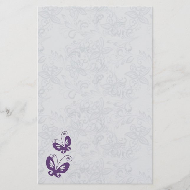 Purple butterflies on silver floral Wedding Stationery (Front)