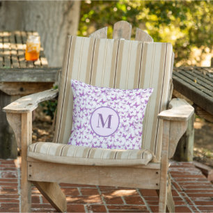Purple Butterflies Pattern Custom Monogram Outdoor Pillow