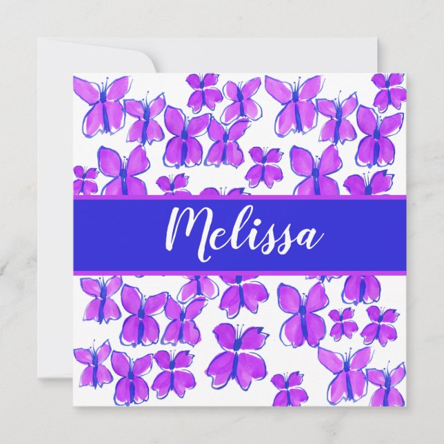 Purple Butterflies Personalized Watercolor Thank You Card (Front)
