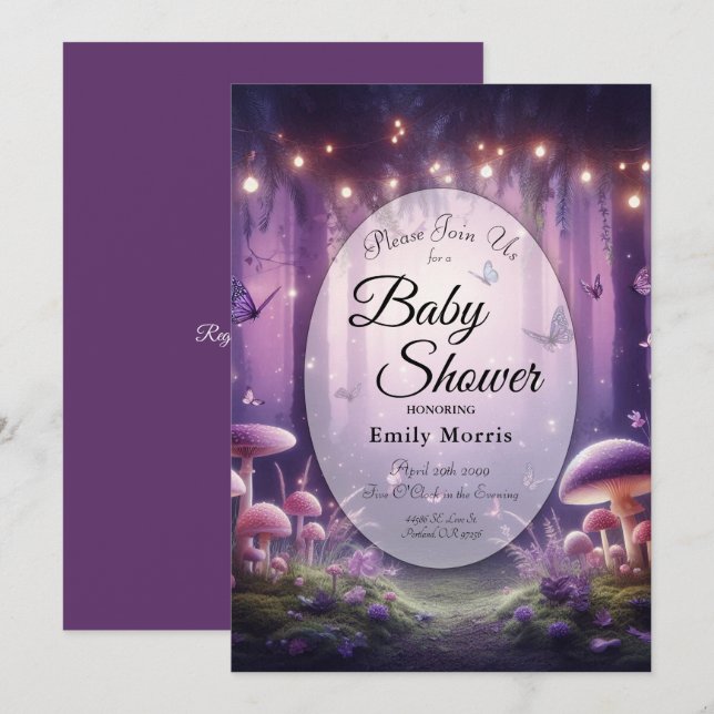 Purple Butterflies Starlit Skies Baby Shower Invitation (Front/Back)