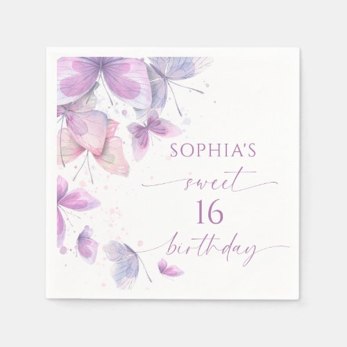 Purple Butterflies Sweet 16 Birthday Party Napkins