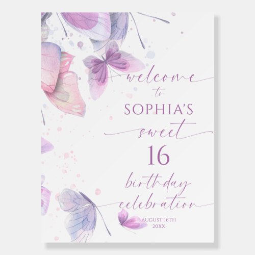 Purple Butterflies Sweet 16 Birthday Welcome Sign
