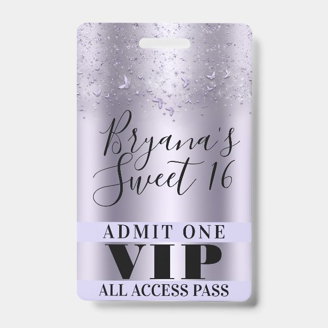Purple Butterflies Sweet 16 Party VIP Pass Badge (Front)