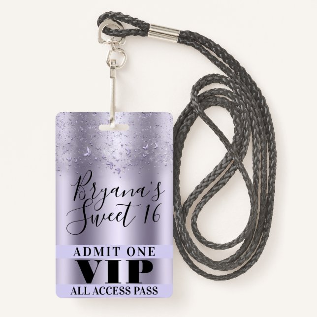 Purple Butterflies Sweet 16 Party VIP Pass Badge (Front with Lanyard)