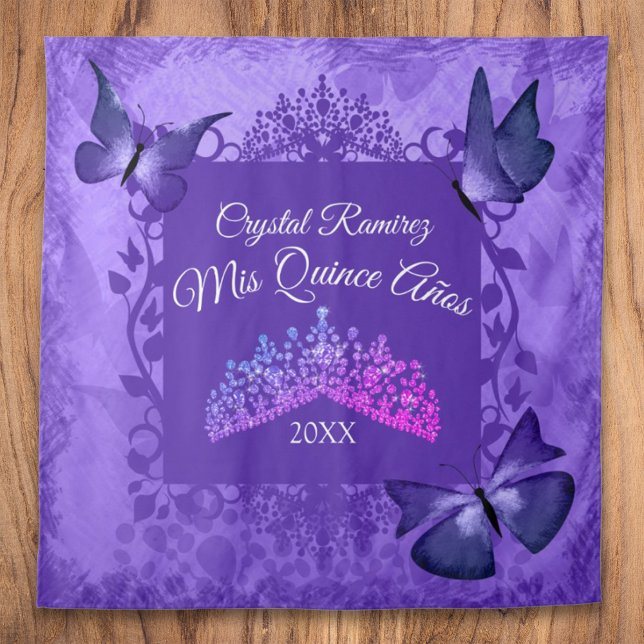 Purple Butterflies, Tiara Quinceanera Back Drop (purple quinceanera party backdrop back drop drape tapestry tiara crown welcome quince sign banner)