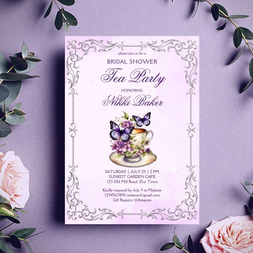 Purple butterflies Victorian bridal tea party Invitation
