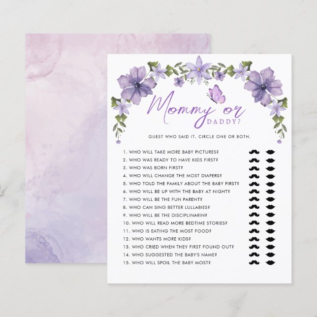 Purple Butterflies Watercolor Mommy or Daddy Game (Front/Back)
