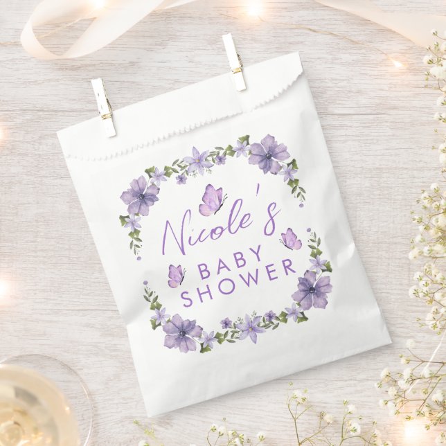 Purple Butterflies Watercolor Wildflower Baby Show Favor Bag (Clipped)
