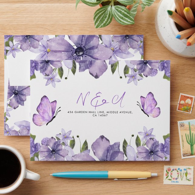 Purple Butterflies Watercolor Wildflower  Envelope (Desk)
