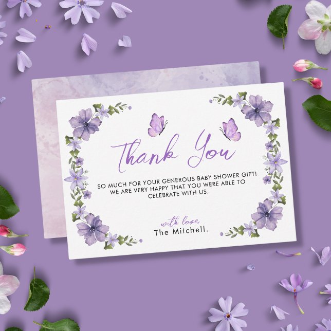 Purple Butterflies Watercolor Wildflower Thank You Card (Creator Uploaded)