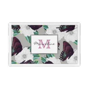Purple Butterflies & White Zinnia Garden with Name Acrylic Tray