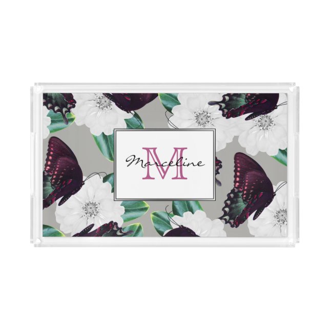 Purple Butterflies & White Zinnia Garden with Name Acrylic Tray (Front)