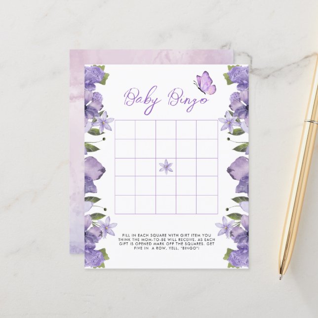Purple Butterflies Wildflower Baby Bingo Game (Front/Back In Situ)