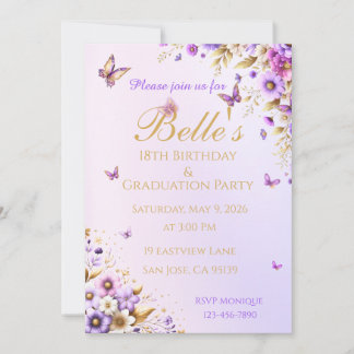 Purple Butterfly 18th Birthday and Graduation Invitation