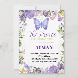 Purple Butterfly 1st Birthday Invitation for Boy –