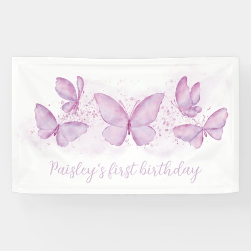 Purple Butterfly 1st Birthday Party Banner Girl 