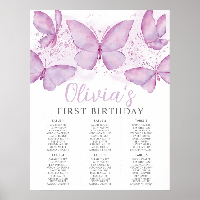 Purple Butterfly 1st Birthday Seating Chart Sign (Front)
