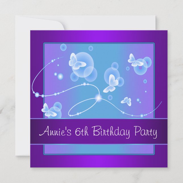 Purple Butterfly 6th Birthday Party Invitation (Front)