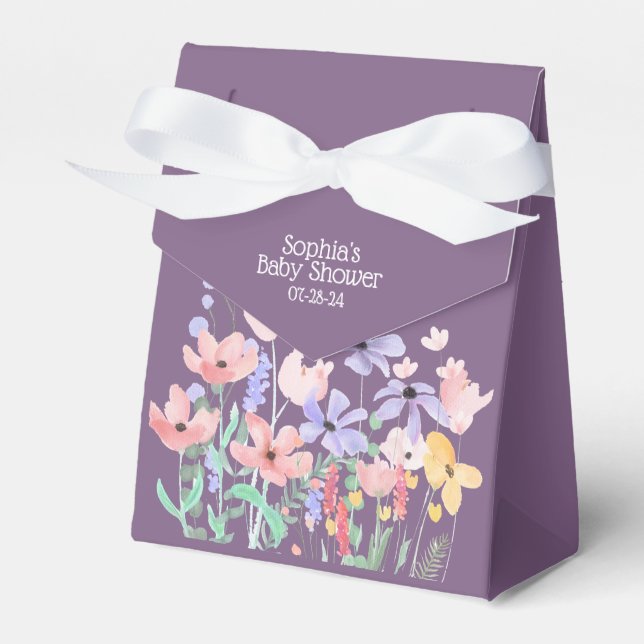 Purple Butterfly and Blooms Baby Shower Favor Box (Front Side)