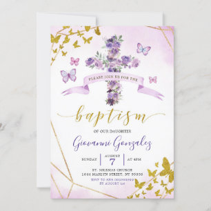 Purple Butterfly and Floral Baptism Invitation