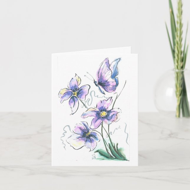 Purple butterfly and flowers New life Note Card (Front)