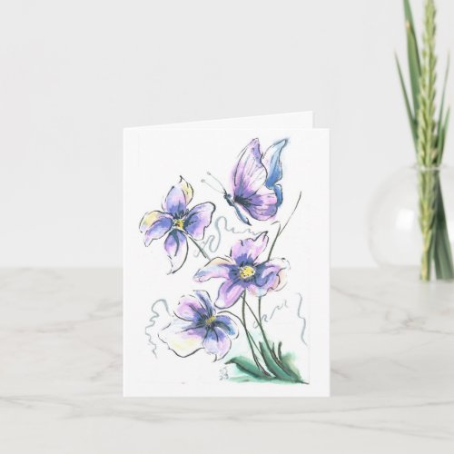 Purple butterfly and flowers New life Note Card