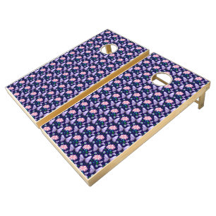 Purple Butterfly and Pink Floral Pattern Cornhole Set