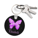 Purple butterfly and stars personalized with name keychain<br><div class="desc">A summery and feminine motive. A butterfly shape filled with shades of purple and shining stars in horizontal stripes.  Black background. Customize and add your name with purple letters.</div>