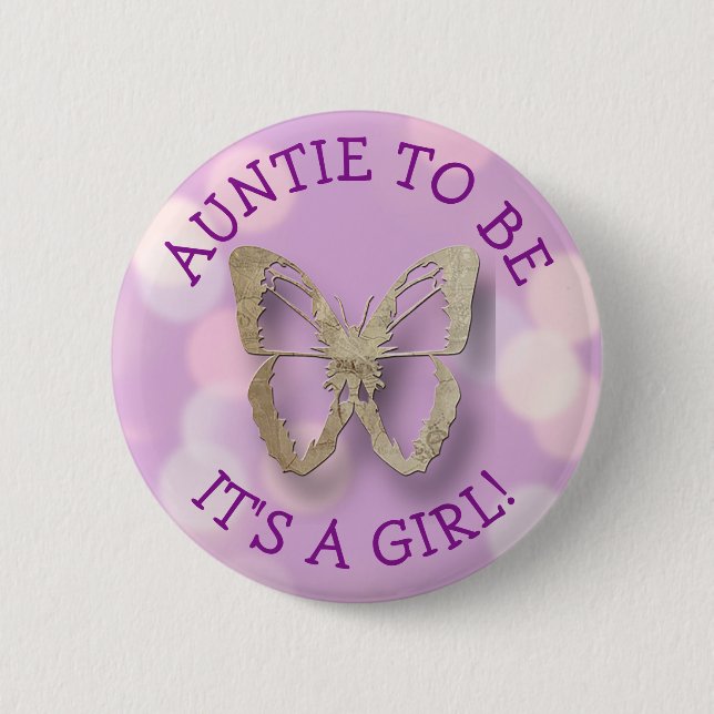 Purple Butterfly Auntie  to be Baby Shower Button (Front)