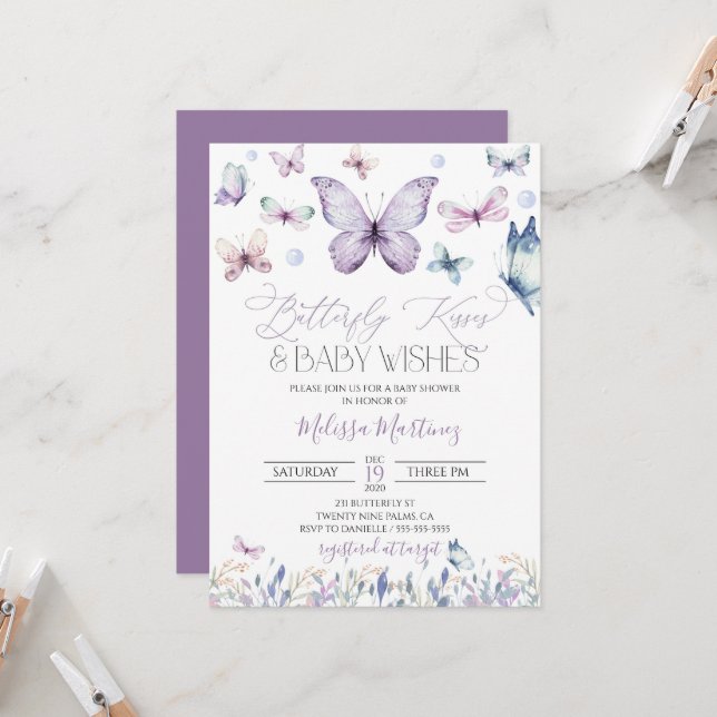 Purple Butterfly Baby Girl Baby Shower Invitation (Front/Back In Situ)