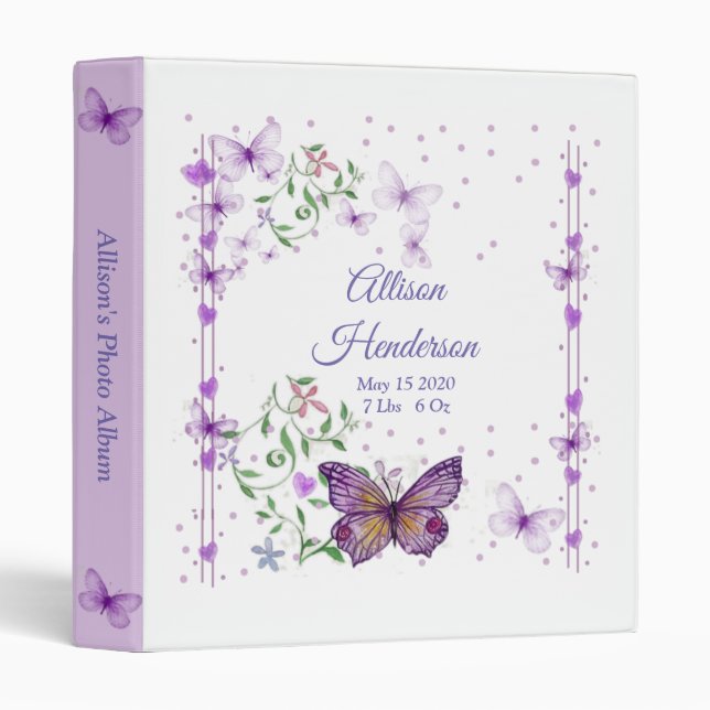 Purple Butterfly Baby Girl Photo Album 3 Ring Binder (Front/Spine)