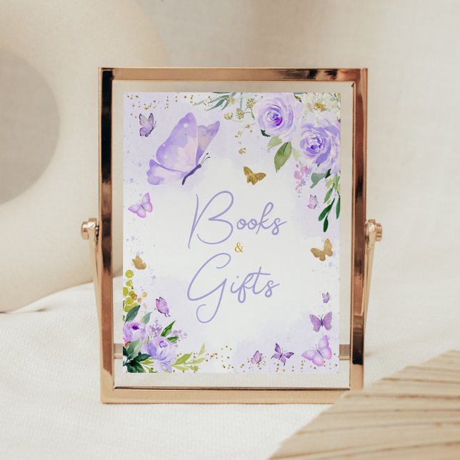 Purple Butterfly Baby Shower Books and Gifts Poster (Girl Floral Butterfly Baby Shower Books and Gifts Sign)