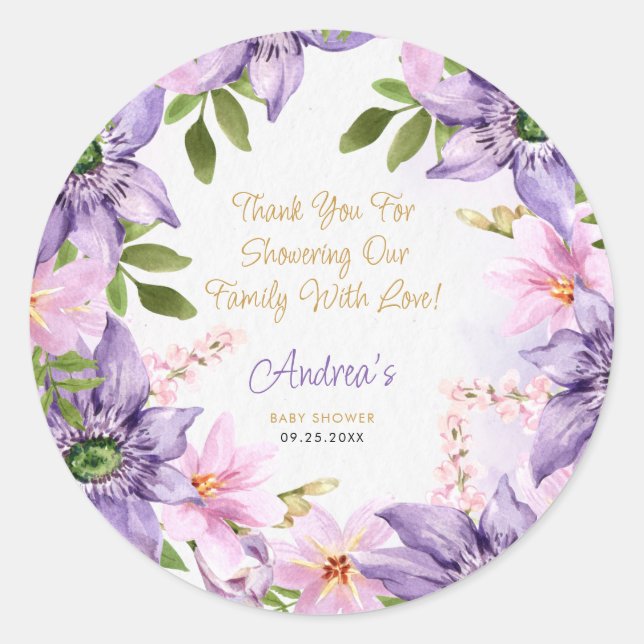 Purple Butterfly Baby Shower Classic Round Sticker (Front)