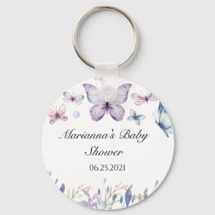 Purple Butterfly Baby Shower Favor Button Keychain