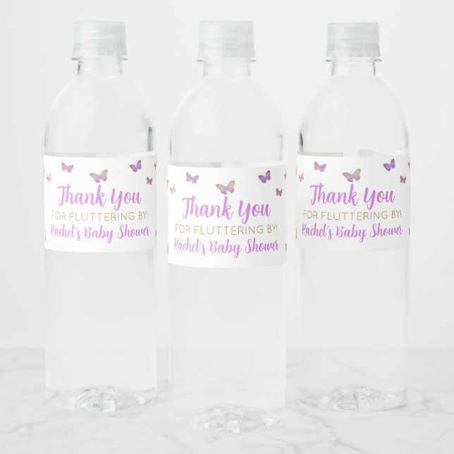 Purple Butterfly Baby Shower Favor Water Bottle Label (Bottles)