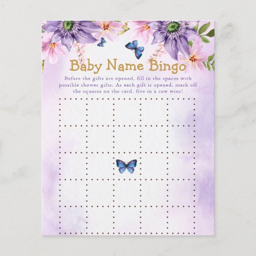 Purple Butterfly Baby Shower Game Bingo