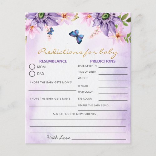 Purple Butterfly Baby Shower Game Predictions Card