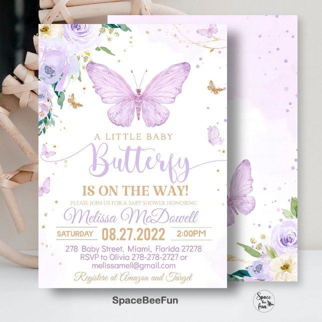 Purple Butterfly Baby Shower Invitation Girl invit (Butterfly invites,Baby Shower,Invitation,A Little Butterfly,Is On The Way,Butterfly Theme,Shower bab)