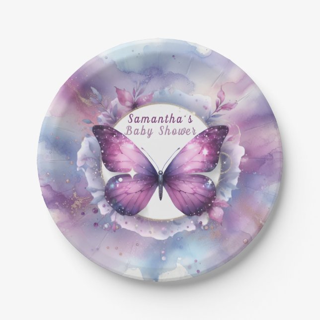 Purple Butterfly Baby Shower   Paper Plates (Front)
