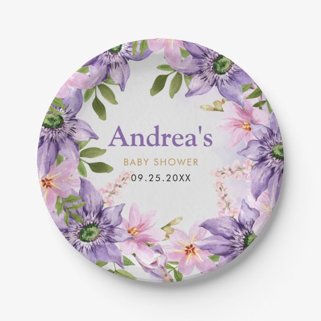 Purple Butterfly Baby Shower Paper Plates (Front)
