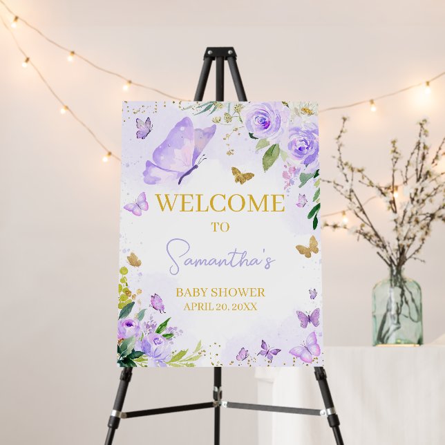 Purple Butterfly Baby Shower Welcome Sign (In Situ (Stand))