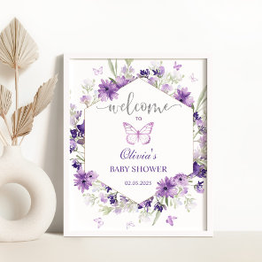 Purple butterfly baby shower welcome sign