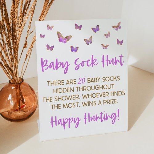Purple Butterfly Baby Sock Hunt Baby Shower Game Pedestal Sign
