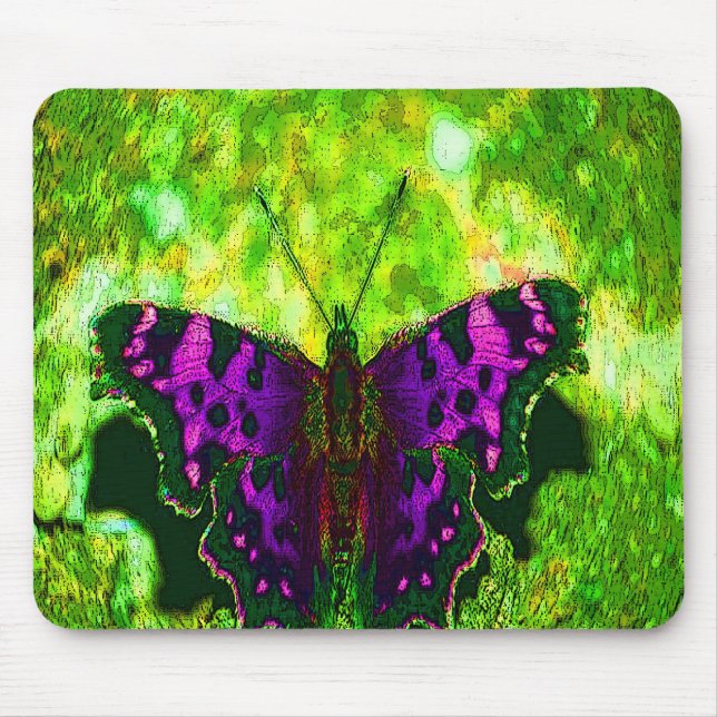 Purple Butterfly Background on Lime Green Leaves Mouse Pad (Front)