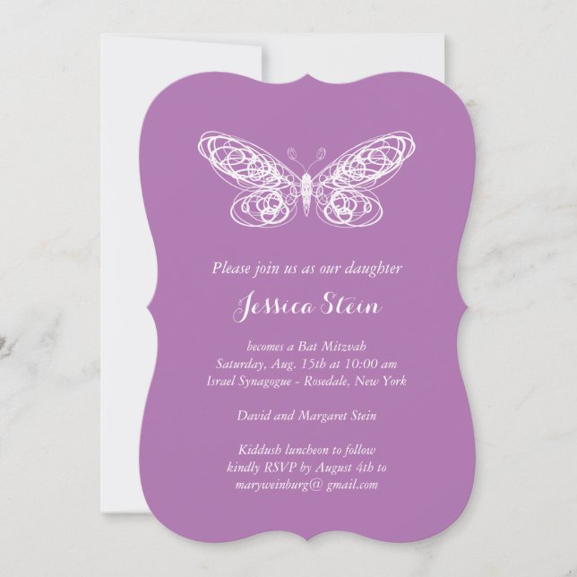Purple Butterfly Bat Mitzvah Invitation (Front)