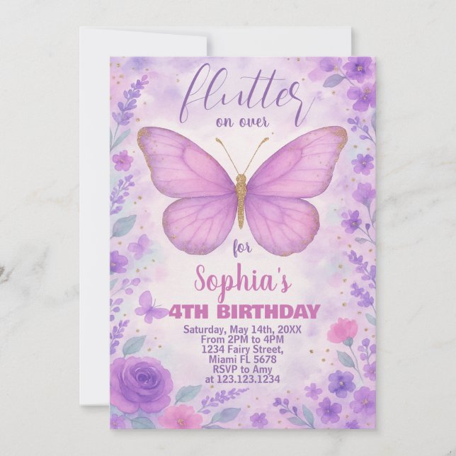 Purple Butterfly Birthday Invitation (Front)