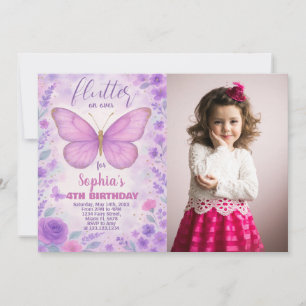 Purple Butterfly Birthday Invitation with photo