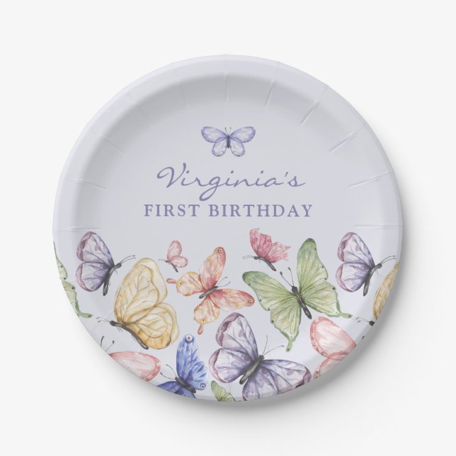 Purple Butterfly Birthday Paper Plates (Front)